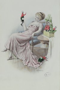 Tarjeta postal que representa a una mujer con botellas de champán en forma de hombres, c.1900 (litografía en color)