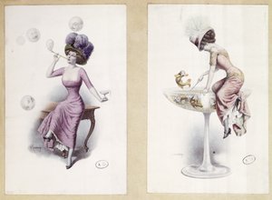 Tarjetas postales que representan a una mujer soplando burbujas y pescando en una copa de champán, c.1900 (litografía en color) de F. Kuderna