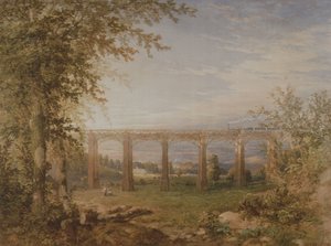 Un viaducto ferroviario de ladrillo y madera con tren de vapor, 1849
