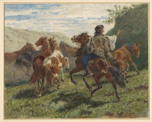 Un jinete húngaro conduce varios caballos al fondo de F. Smithson