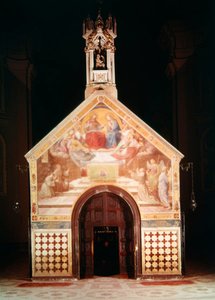 Exterior de la Capilla Porziuncola con un fresco que muestra a San Francisco recibiendo el Perdón de Asís (por Friedrich Overbeck), 1829; Interior de Santa Maria degli Angeli (reconstruido por Luigi)