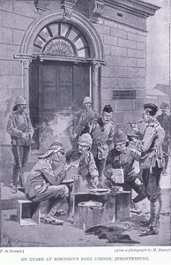 De guardia en la esquina del Banco de Robinson, Johannesburgo, de Después de Pretoria: La Guerra de Guerrillas publicado por Harmsworth Bros Limited