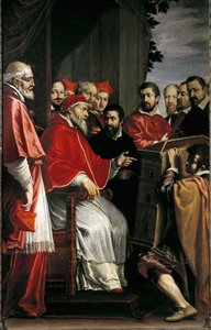 Miguel Ángel presentando el modelo del edificio del tribunal de Rota en la calle Giulia al papa Julio III