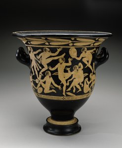 Crátera de campana de figuras blancas con sátiros danzantes, 400-351 a.C. (terracota) de Faliscan