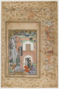 Babur entretiene en el Palacio del Sultán Ibrahim Lodi de Farrukh Beg