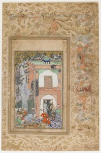 Babur entretiene en el palacio de Sultan Ibrahim Lodi, folio desprendido de una copia dispersa del Baburnama (Tuzuk-i Baburi) por Zahir-al-Din Muhammad Babur de Farrukh Beg