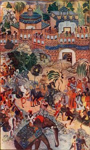 El gran emperador Akbar entra en su ciudad en estado, 1572, 1590-1595, c. 1930 de Farrukh Beg