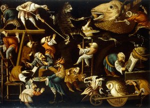 Animales imaginarios y enanos peleando, bebiendo y festejando