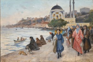 Mafalda en las orillas del Bósforo, la mezquita de Dolmabahce al fondo de Fausto Zonaro