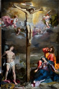Crucifixión de Cristo con la Virgen, San Juan Evangelista y San Sebastián
