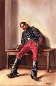 El cachot" Un soldado prisionero durmiendo en su celda. Pintura de Federico Godoy y Castro (1869-1939) ¡Atención! La utilización de esta obra puede estar sujeta a la solicitud de autorización de un tercero o al pago de tasas adicionales de Federico Godoy y Castro