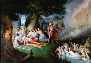 Renaud en el jardín de Armide Ilustración de una escena de "La Jerusalén liberada" (La gerusalemme liberata) de Torquato Tasso. El encantador Armide rodeado de Amours muy simbólico seduce con la ayuda de su espejo mágico al caballero de Federico Peschiera