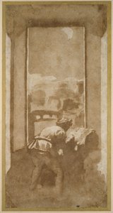 Hombre dibujando a la luz de la luna desde la ventana de una casa