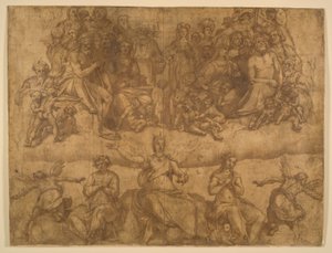 Almas redimidas y figuras alegóricas, estudio para el fresco del Juicio Final en la cúpula del Duomo, Florencia de Federico Zuccaro