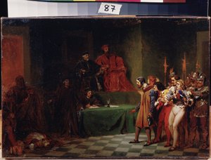 Mosaicos ante el consejo de los tres en Venecia (Italia) (Mosaicos ante el consejo de los tres en Venecia). Pintura de Feodor Andreyevich Bronnikov (1827-1902). Óleo sobre lienzo, anterior a 1886, 25,5 x 37,5 cm, arte ruso. Museo Estatal de Arte A. Radishc de Fedor Andreevich Bronnikov
