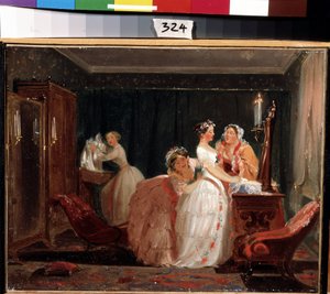 Los preparativos de la boda. Una chica burguesa con un vestido de novia preparándose para la ceremonia de boda. Obra de Feodor Andreyevich Bronnikov (1827-1902). Óleo sobre papel, 26 x 33 cm