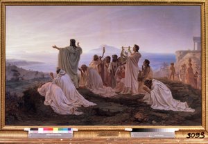""El Himno al Sol Naciente de Pitágoras"" Ceremonia ritual en la antigua Grecia inspirada en las teorías pitagóricas relacionadas con la música y las estrellas. Pintura de Feodor Andreyevich Bronnikov (1827-1902) 1869 Estado Galería Tretyakov de Moscú de Fedor Andreevich Bronnikov