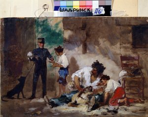 Peluquería canina en Nápoles (Italia) (Peluquería canina en Nápoles). Obra de Feodor Andreyevich Bronnikov (1827-1902). Óleo sobre cartón, 33 x 50 cm, arte ruso. Museo de Estudios Regionales, Shadrinsk (Rusia). de Fedor Andreevich Bronnikov