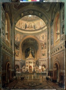 Vista interior de la Catedral de Cristo Salvador en Moscú. (Vista interior de la Catedral de Cristo Salvador de Moscú) - Construida entre 1839 y 1883, por el arquitecto Constantin Thon (Ton) - Descripción de la arquitectura y decoración - Pintura de Fedor Andreevich Klages