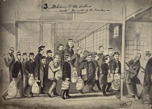 Copia fotográfica de un dibujo de Charles Wirgman con el título, 3 Itchiboos por dólar o Dea de Felice Beato
