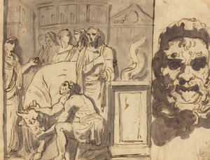 Sacrificio antiguo y cabeza de un sátiro