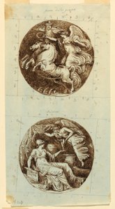 Dibujo, Victoria alada montada en carro; Victoria alada coronando a Minerva; dos medallones, hacia 1805 de Felice Giani
