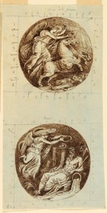 Dibujo, Una victoria alada montada en un carro; Una victoria alada coronando a un dios del río, Reno; dos medallones, ca. 1805 de Felice Giani