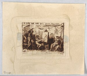 Escena Figural con Artista Dibujando Figura Femenina Mientras un Hombre Observa desde Atrás