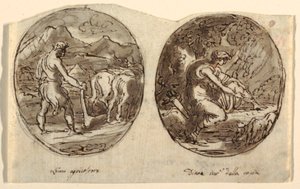 El hombre agricultor, Diana la diosa de la caza, Diseño para el techo abovedado, Sala dei Legislatori, Palazzo Conti-Sinibaldi, Faenza de Felice Giani