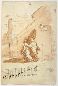 Recto: Tres músicos frente al Albergo Della Pace, 1810 de Felice Giani