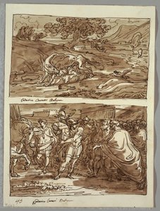 Rómulo y Remo amamantados por la loba; Rómulo dedica a Júpiter Feretrio los despojos del rey conquistado Acronius, dos estudios después de Carracci