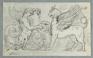 Friso Esculpido con Media Figura de Niño Alado y Grifo de Felice Giani