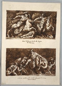 Página de cuaderno de bocetos: Muerte de Flaminio en la batalla de Trasimeno; Annabelle pierde un ojo en los pantanos de Fiano, Toscana