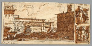 Página de cuaderno de bocetos, Folio 57: Estudio después de Piazza Emmanuelle en Bolonia; Verso, Detalle arquitectónico de Felice Giani