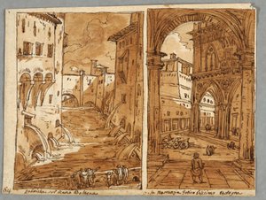 Página de cuaderno de bocetos, Folio 64: Estudio de Arquitectura y Escultura Boloñesa; Verso: Diseños geométricos