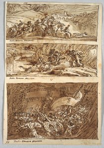 Página de cuaderno de bocetos, Folio 95: Tres pinturas después de Giulio Romano; Verso: León y Águila de Felice Giani