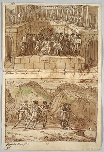 Página de cuaderno de bocetos, folio 98: Dos pinturas después de Caravaggio y Rafael; Verso: Águila y buey de Felice Giani