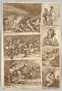 Página de cuaderno de bocetos: estudios de pinturas en Ferrara, Roma, Bolonia, Mantua después de los artistas Tibaldi, Rafael, Andrea del Sarto y Polidoro; Verso: esqueleto de pájaro y cabeza de caballo de Felice Giani