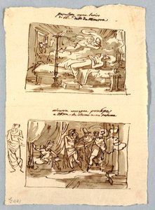 Página de cuaderno de bocetos con escenas clásicas de Felice Giani