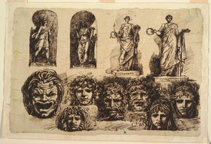 Estudios para cuatro estatuas y siete máscaras de Felice Giani