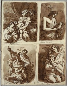 La Sagrada Familia con Santa Catalina; San Juan Bautista, después de Guercino; San Jorge y el dragón, después de Alessandro Tiarini; Dos putti