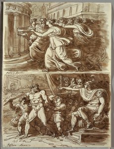 La vestal Tuccia lleva agua en un tamiz; Dos estudios después de Polidoro da Caravaggio de Felice Giani