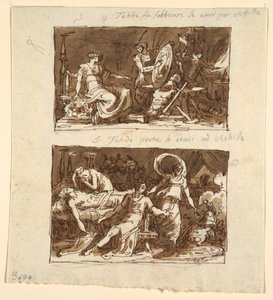 Tetis en el taller de Hefesto; Tetis mostrando la armadura a Aquiles: Dos diseños para paneles de techo en la Galería de la Ilíada, Palazzo Milzetti, Faenza de Felice Giani