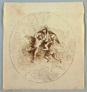 Dos putti voladores con armas