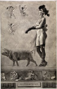 Pornokrates (Mujer desnuda, ojos vendados, rodeada de ángeles y llevando un cerdo con una correa) de Félicien Rops