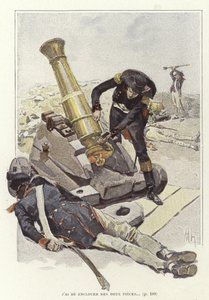 Un soldado inspecciona un cañón junto al cuerpo de un soldado muerto de Felicien baron de Myrbach Rheinfeld