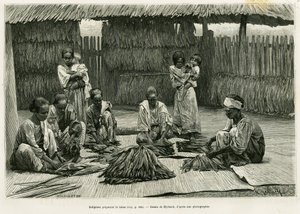 Indígenas haciendo tabaco. Grabado por Myrbach para ilustrar la historia Lucon y Palaouan, seis años en Filipinas, por Alfred Marche (1844-1898), en le tour du monde 1886, dirigido por Edouard Charton (1807-1890), Hachette, París.