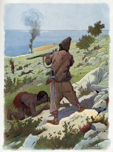 Robinson Crusoe mata a los salvajes que persiguen a Viernes