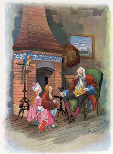 Robinson Crusoe cuenta a sus hijos sobre sus aventuras. Ilustración de Felician MYRBACH MYRBACH RHEINFELD (1853-1940) para el libro de Daniel Defoe 