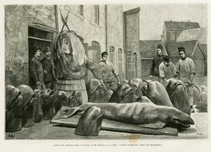 La llegada de los delfines muertos a la casa del Sr. Ostrom en la Isla Torrents. Grabado de Myrbach para ilustrar la historia Un mes en el archipiélago de las Feroe, de H.Labonne, en Le Tour du Monde 1887, dirigido por Edouard Charton (1807-1890), Hachette de Felicien baron de Myrbach Rheinfeld